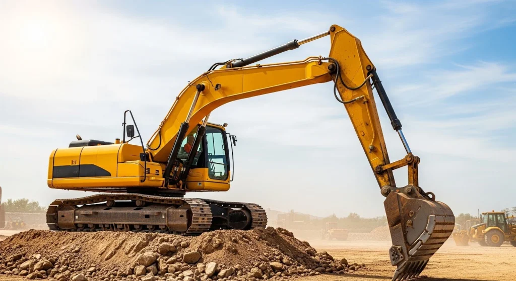Large yellow hydraulic excavator digging soil at a construction site with heavy machinery in the background