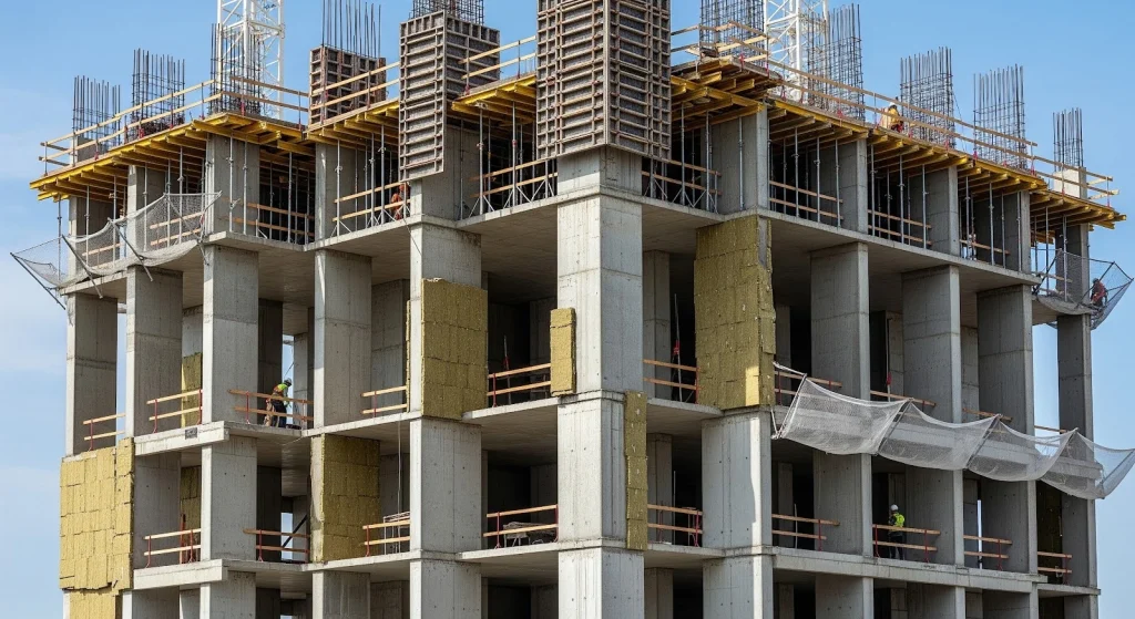 Fire-resistive building construction using reinforced concrete and steel structure for high-rise building.