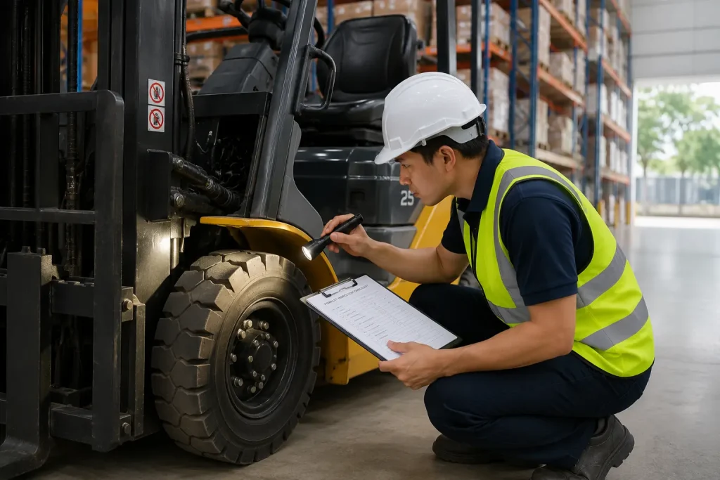 Worker inspecting a forklift's wheel and hydraulic components with a flashlight and maintenance checklist.