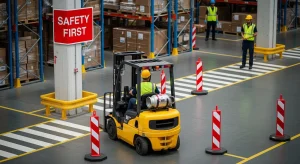 Warehouse worker driving a yellow forklift through a marked safety lane with traffic cones and ‘Safety First’ sign inside a storage facility