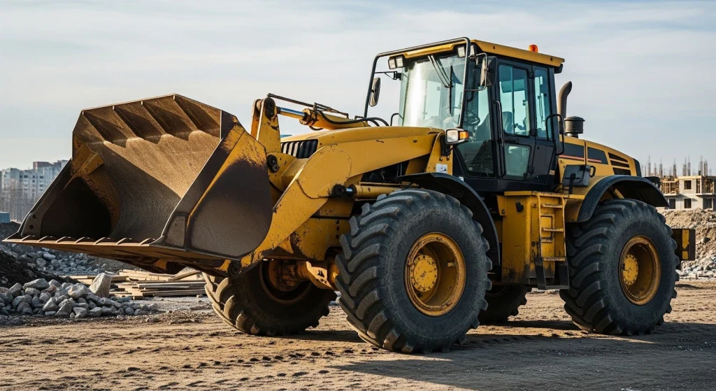 Industrial tractor with heavy-duty front bucket used for construction, earthmoving, and material handling in industrial environments.