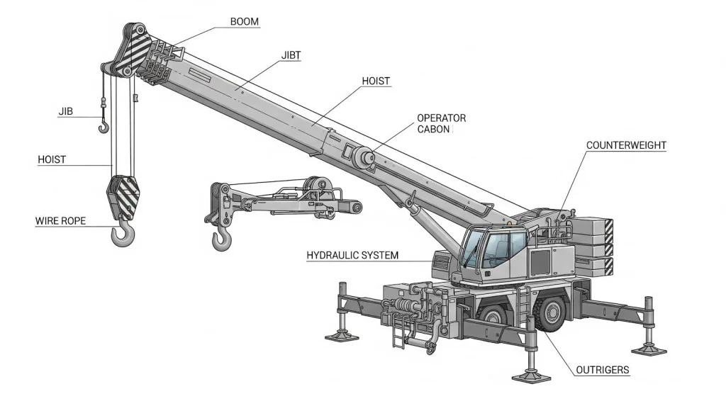 Detailed crane parts diagram illustrating key components including boom, jib, hoist, wire rope, hydraulic system, operator cabin, counterweight, and outriggers.
