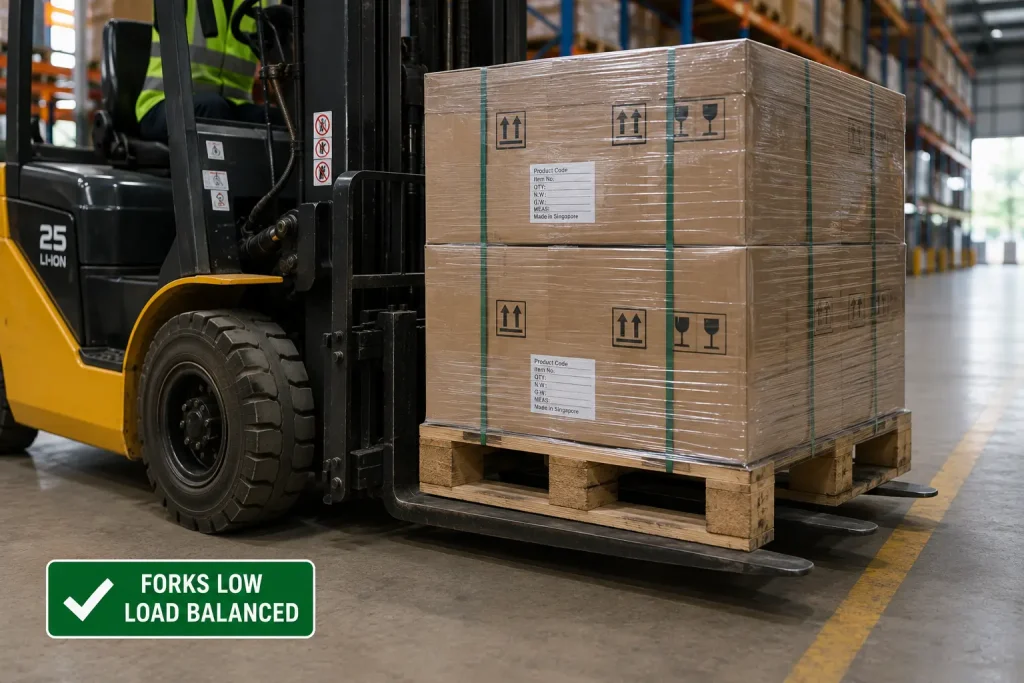 Forklift transporting a properly balanced pallet with forks kept low while traveling through a warehouse aisle.