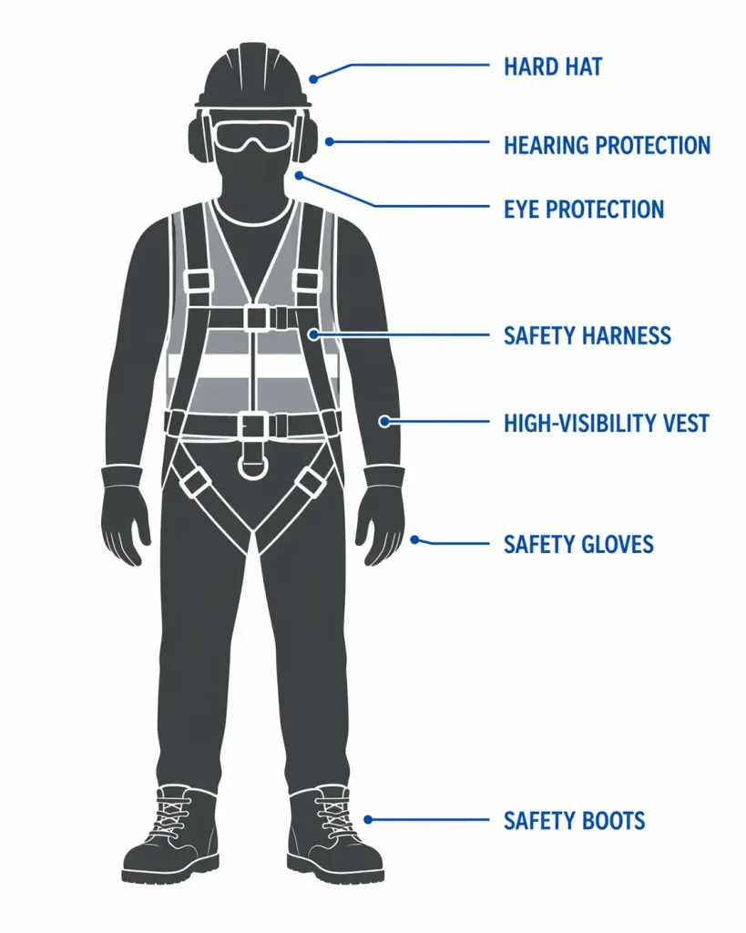 Construction PPE diagram showing hard hat, harness, vest, gloves, boots, eye and hearing protection