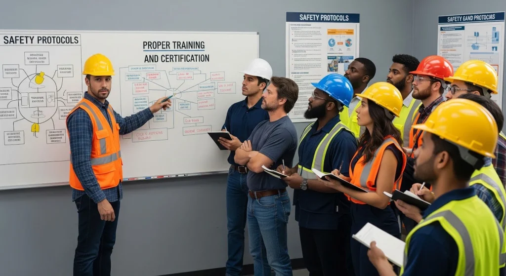 Safety training session for construction workers in classroom.