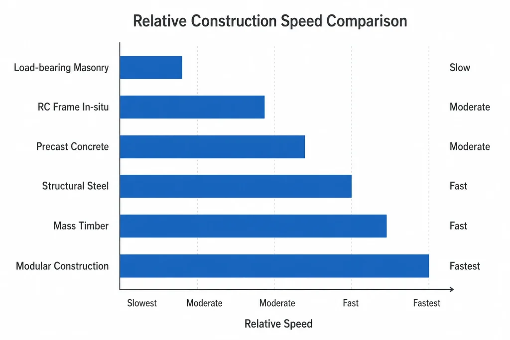 Construction speed comparison chart: masonry, RC frame, precast, steel, timber, modular methods