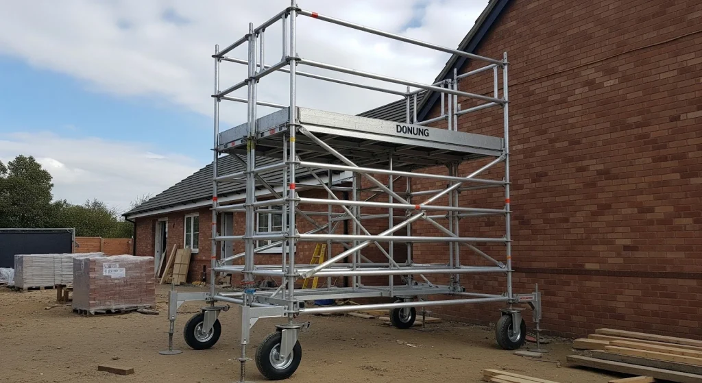 Rolling mobile scaffolding tower on wheels positioned next to a residential house for exterior construction and maintenance work.