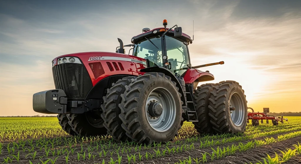 Row crop tractor working in a cultivated field, designed for precision farming, planting, spraying, and crop row operations.