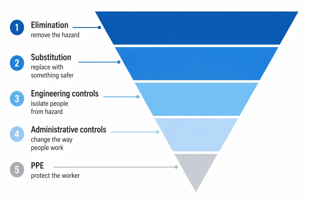 Hierarchy of safety controls pyramid: elimination, substitution, engineering, administrative, PPE