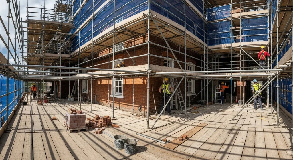 Supported scaffolding installed around a brick building with construction workers performing exterior renovation work.