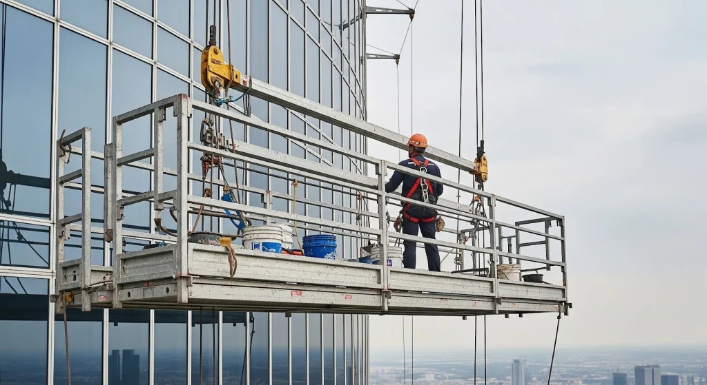 Worker operating suspended scaffolding platform while performing maintenance on a high-rise glass building.