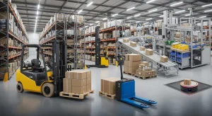 material handling equipment in automated warehouse with forklift, pallet jack, conveyor system, and stacked pallets
