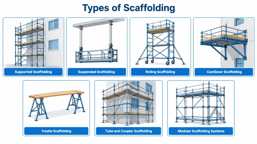 Seven types of scaffolding illustrated: supported, suspended, rolling, cantilever, trestle, tube and coupler, and modular