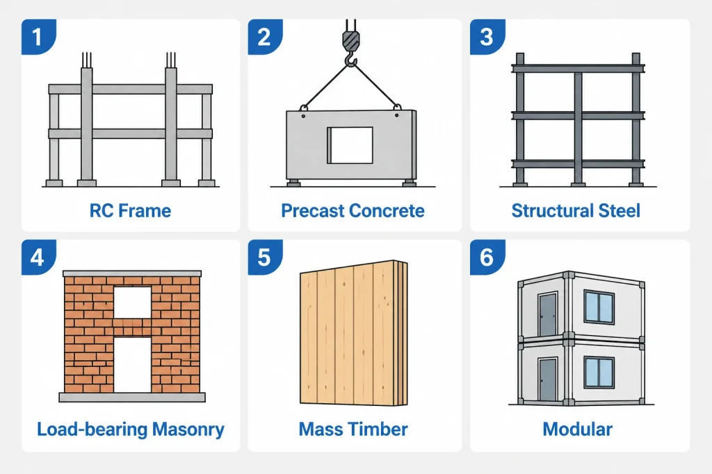 Building construction types diagram: RC frame, precast, steel, masonry, mass timber, modular