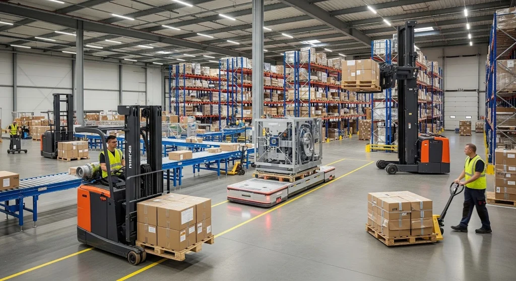 industrial warehouse material handling equipment with forklift transporting pallet loads and automated conveyor system