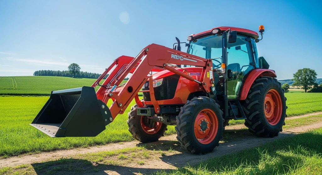 Compact utility tractor with front loader attachment used for lifting, loading, and light material handling on farmland.