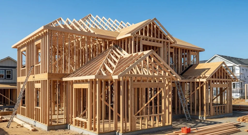 Wood frame building construction showing residential structure with timber framing system.