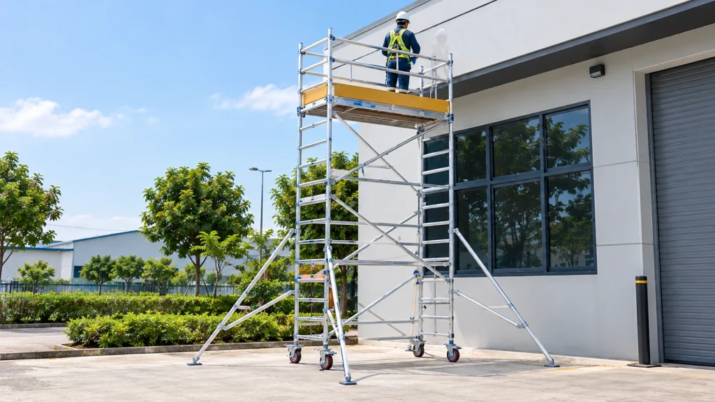 Rolling aluminum scaffold tower on locked castors with outriggers beside a building