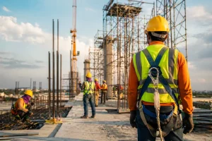 Construction site safety workers wearing PPE, hard hats, harnesses on scaffolding structure