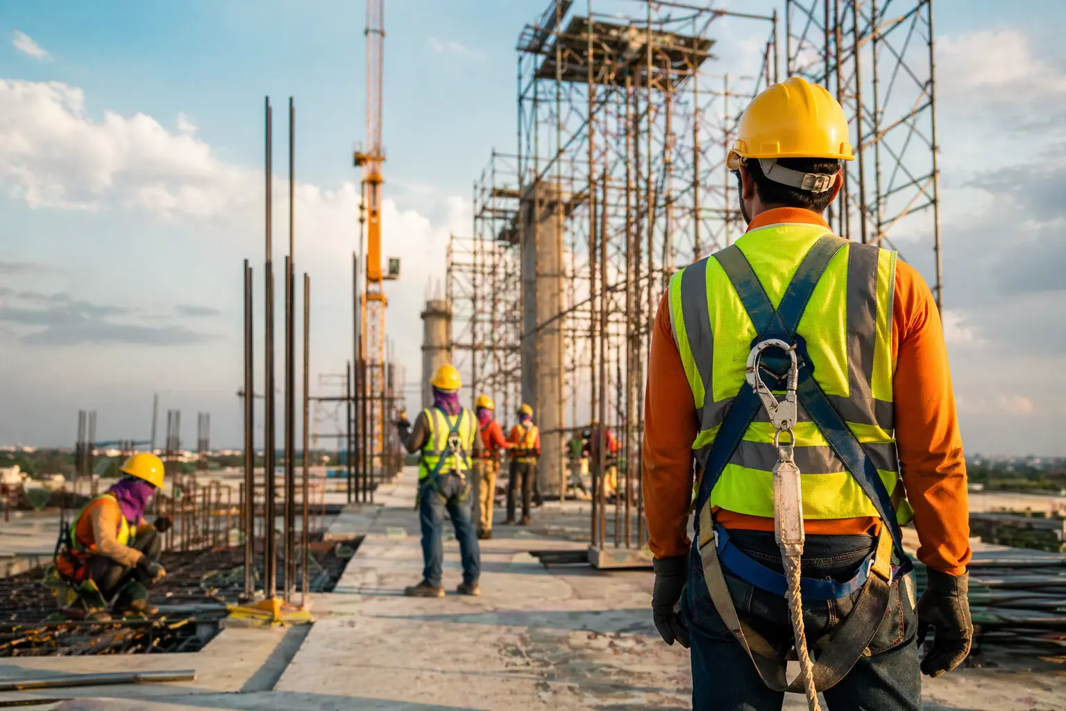 Construction site safety workers wearing PPE, hard hats, harnesses on scaffolding structure