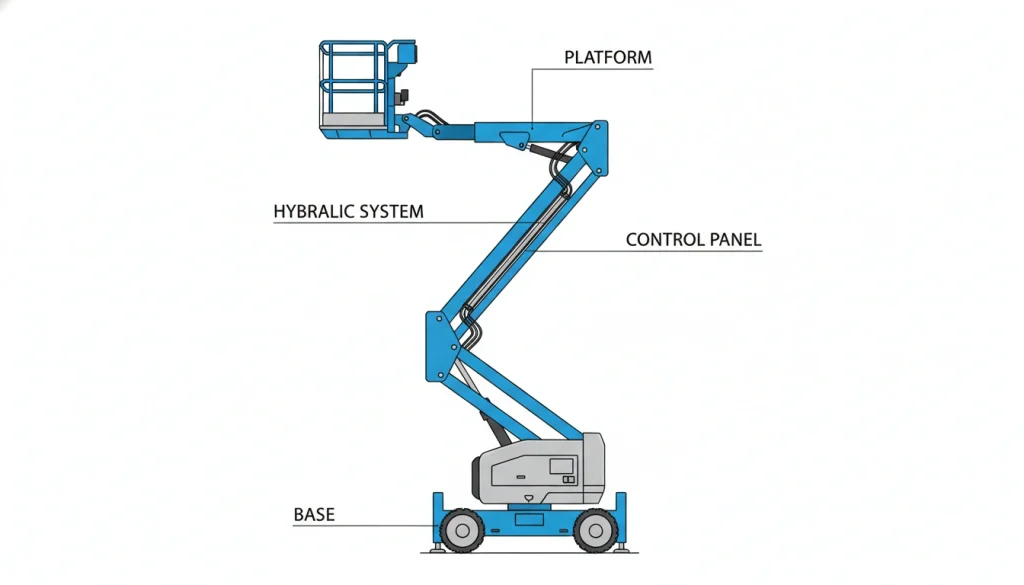 aerial lift diagram showing platform hydraulic system and control panel for elevated work platform explanation.
