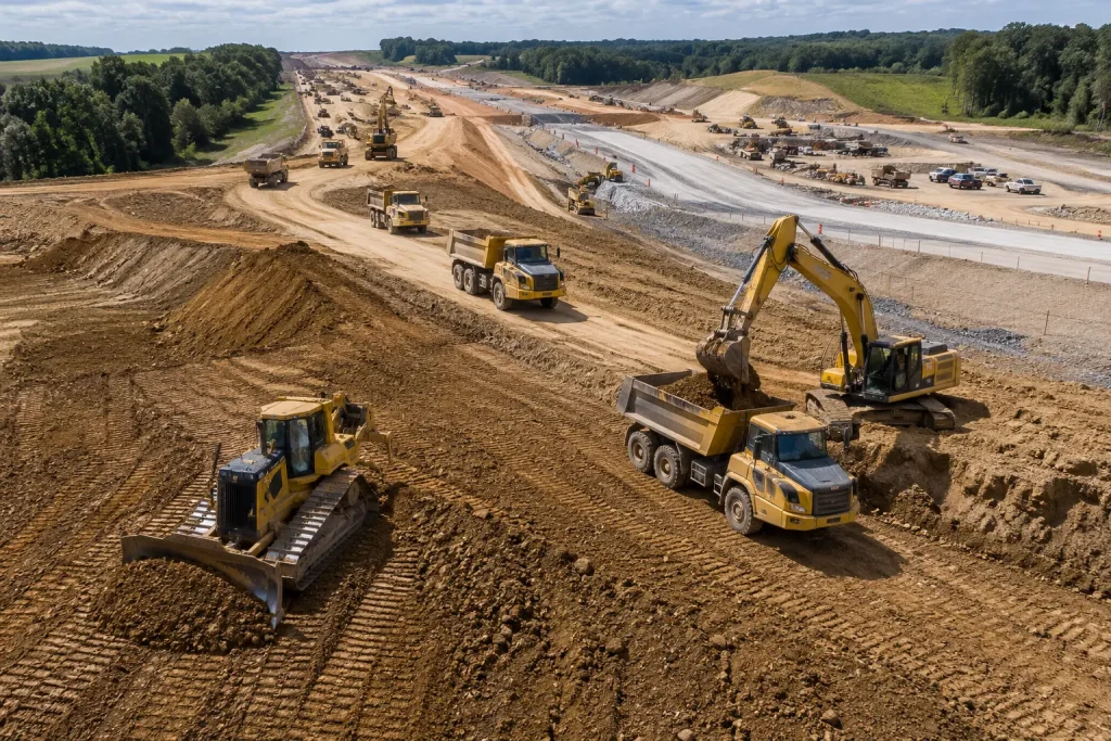 Aerial view of bulldozer and excavator working with dump trucks on a large civil construction site.