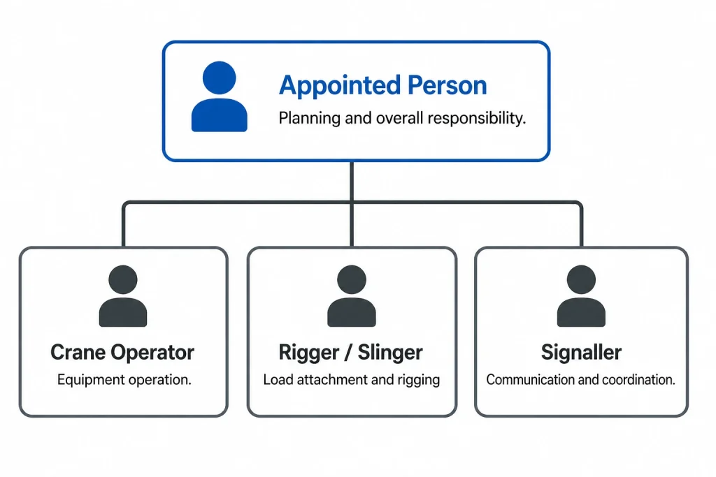 Lifting operation roles chart: appointed person, crane operator, rigger, signaller responsibilities