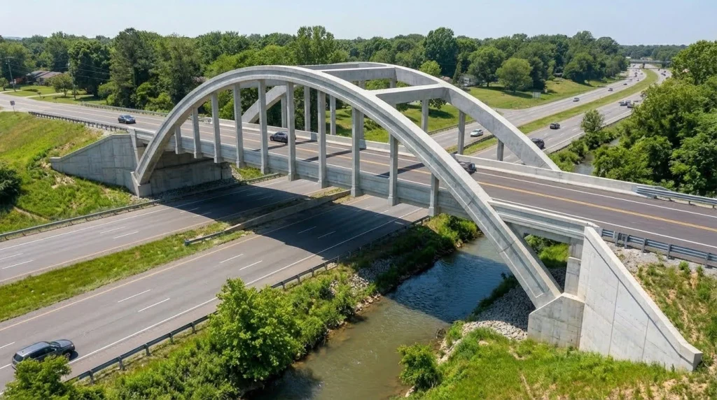Arch bridge with curved structure spanning river demonstrating strong load distribution in bridge engineering.