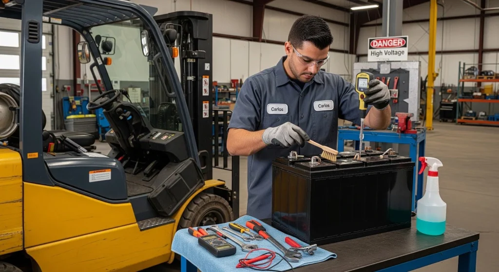 Technician servicing electric forklift battery for proper charging and preventive forklift maintenance.