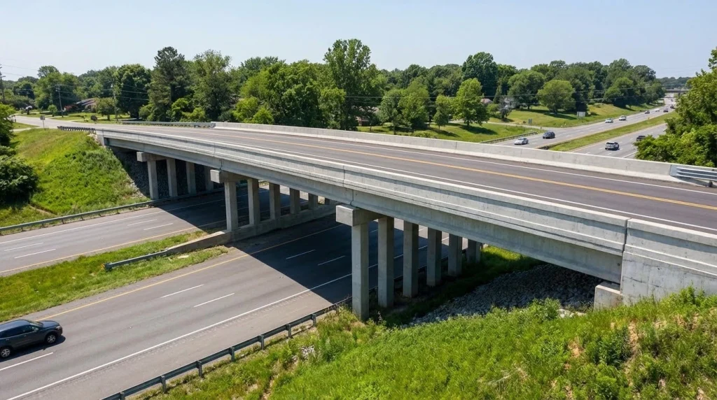 Beam bridge structure over highway supported by concrete piers for simple bridge construction design.