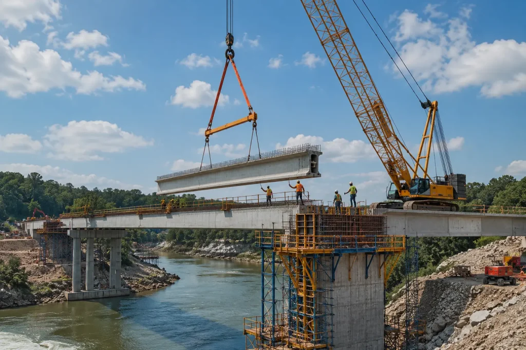 Crawler crane lifting a precast concrete beam into position on a bridge under construction over a river