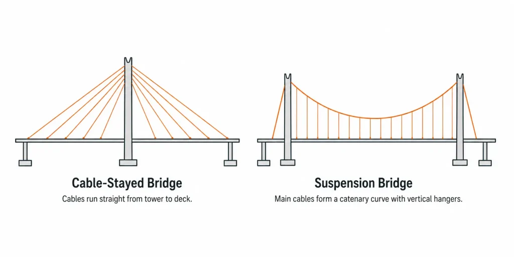 Cable-stayed vs suspension bridge diagram comparing cable arrangement and load support