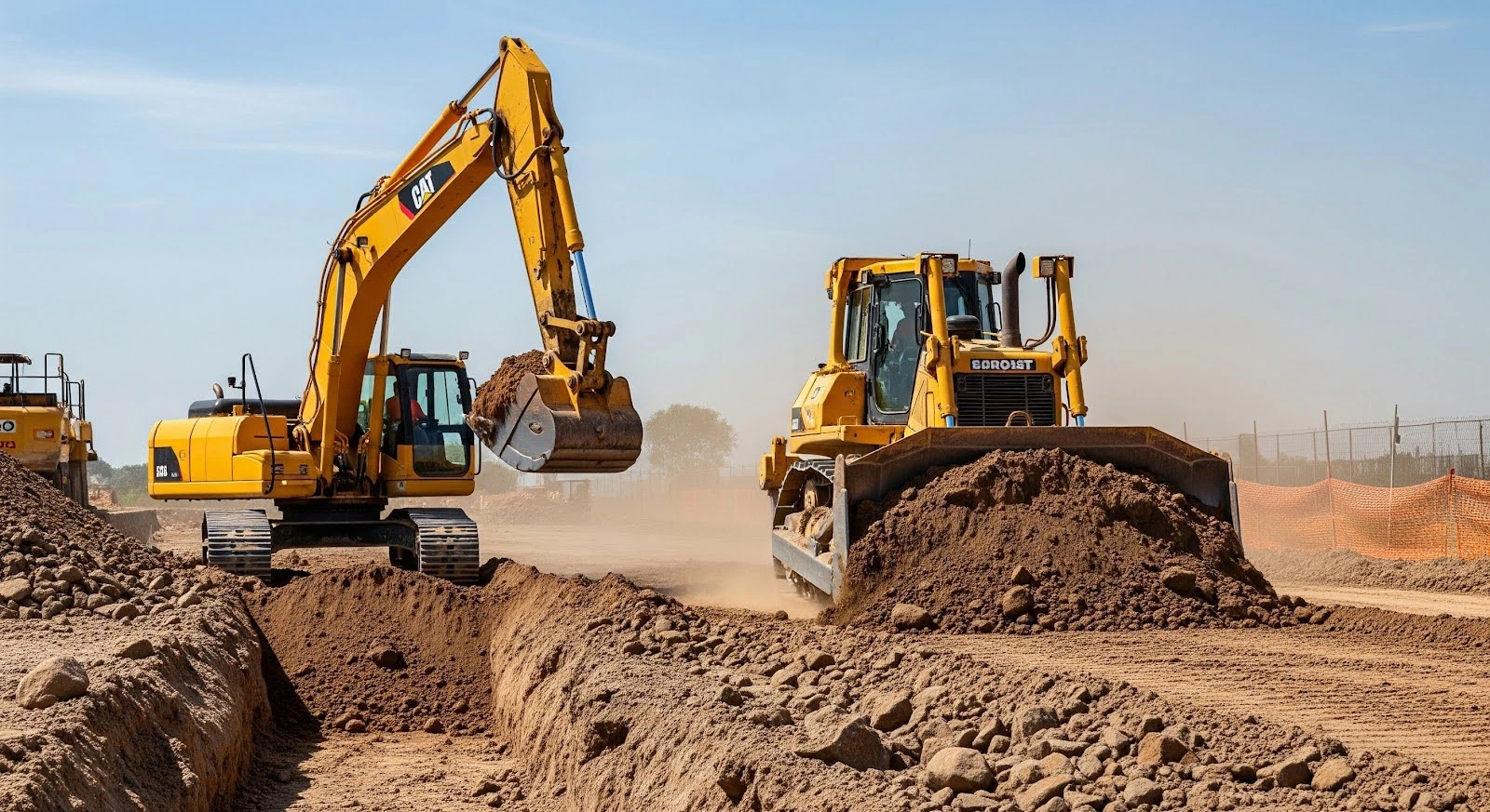 Bulldozer and excavator working together on construction site for earthmoving and land grading.