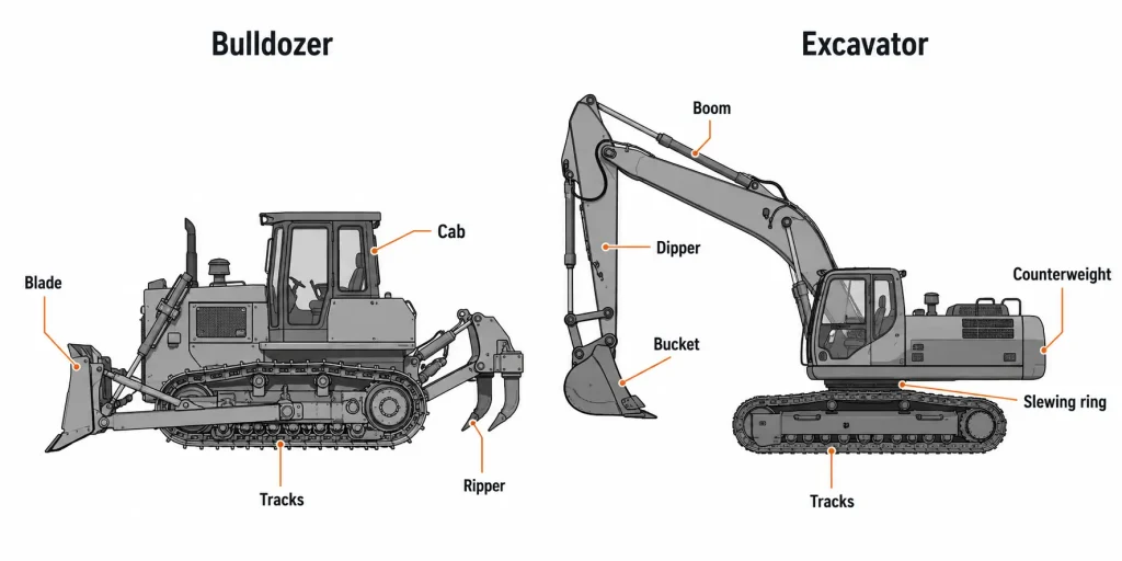 Bulldozer vs excavator diagram showing blade, boom, tracks and counterweight