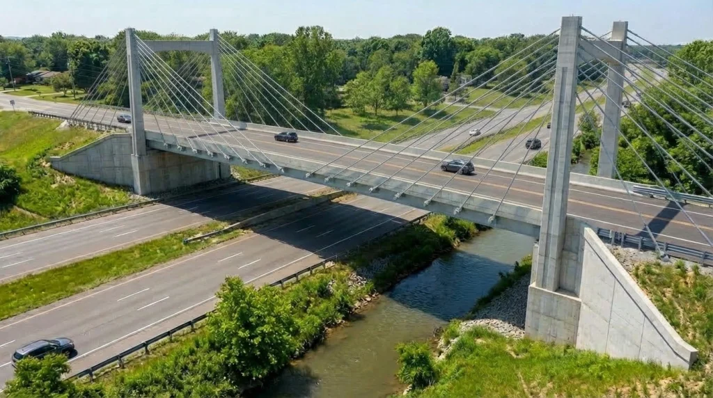 Cable-stayed bridge with central towers and cables supporting deck for modern bridge construction projects.