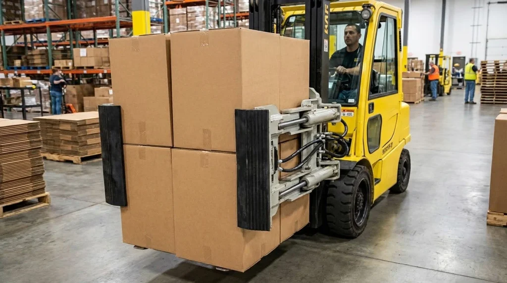 Forklift clamp attachment gripping large cartons for palletless material handling in warehouse.