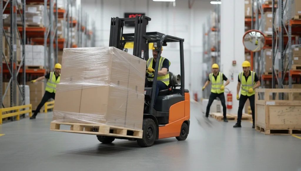 unsafe forklift operation with unstable load showing common mistakes to avoid in forklift safety practices.