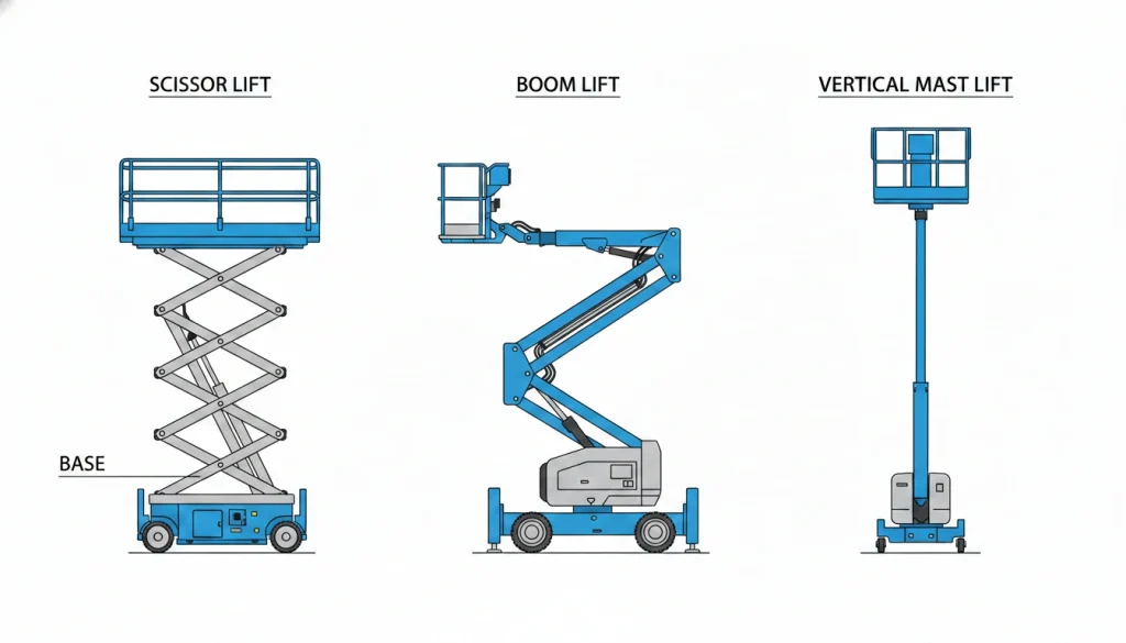 types of aerial lifts including scissor lift boom lift and vertical mast lift for different work applications.