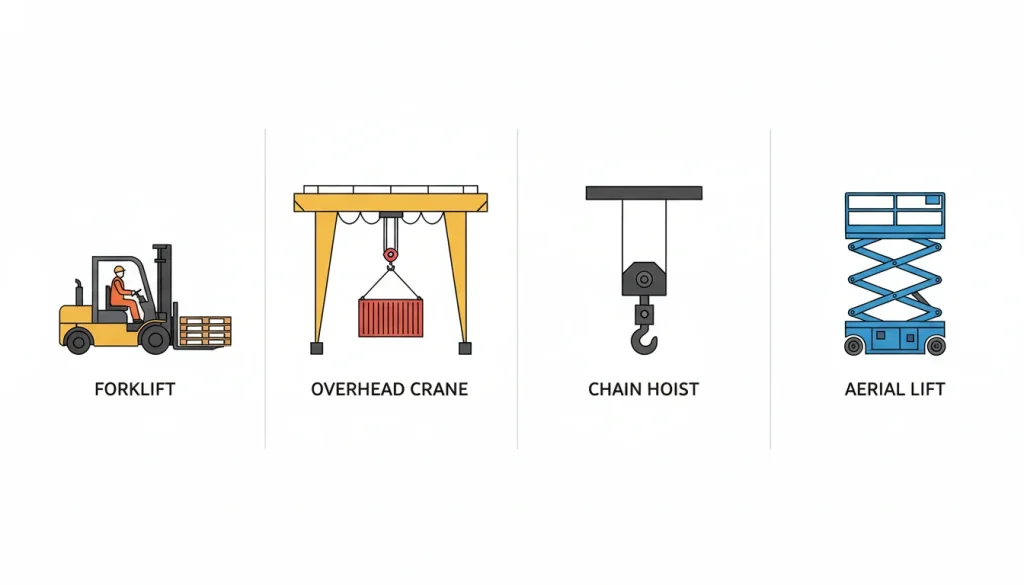 common types of lifting equipment including forklift overhead crane chain hoist and aerial lift for industrial use.