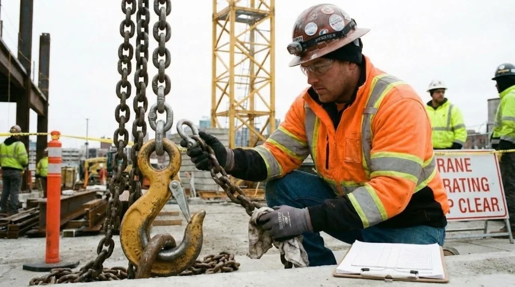 lifting equipment inspection worker checking crane hook and chain for safe lifting operations and compliance.