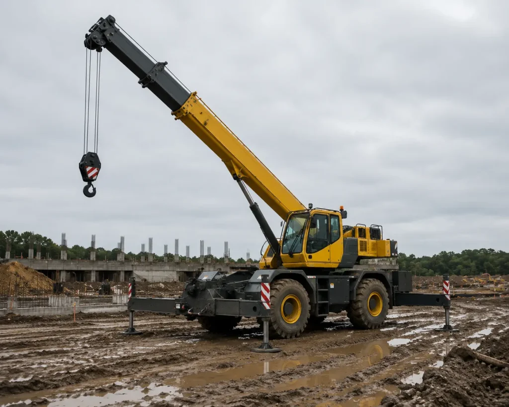 Rough terrain crane operating on muddy construction site with telescopic boom extended