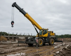 Rough terrain crane operating on muddy construction site with telescopic boom extended