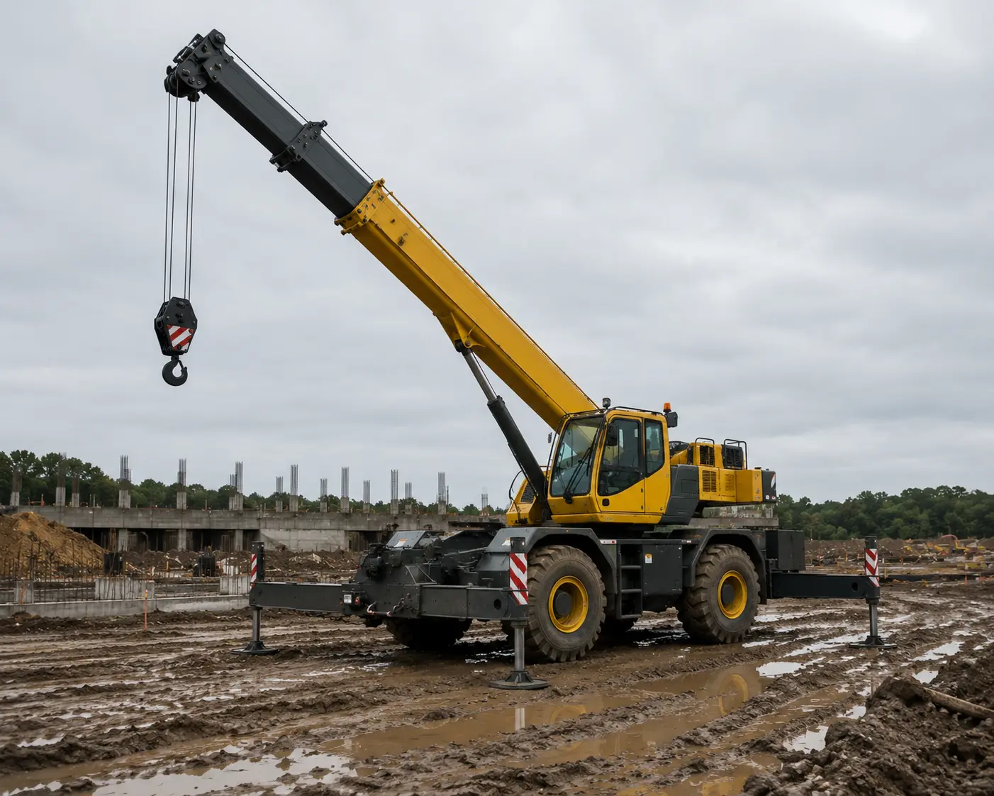 Rough terrain crane operating on muddy construction site with telescopic boom extended