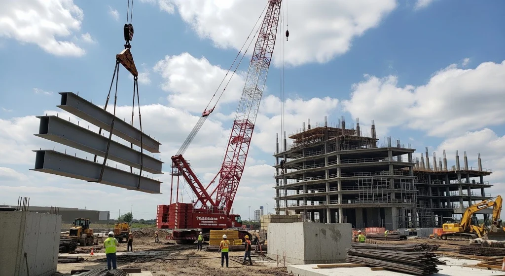 Construction crane lifting steel beams on building site demonstrating crane lifting capacity and heavy load handling.