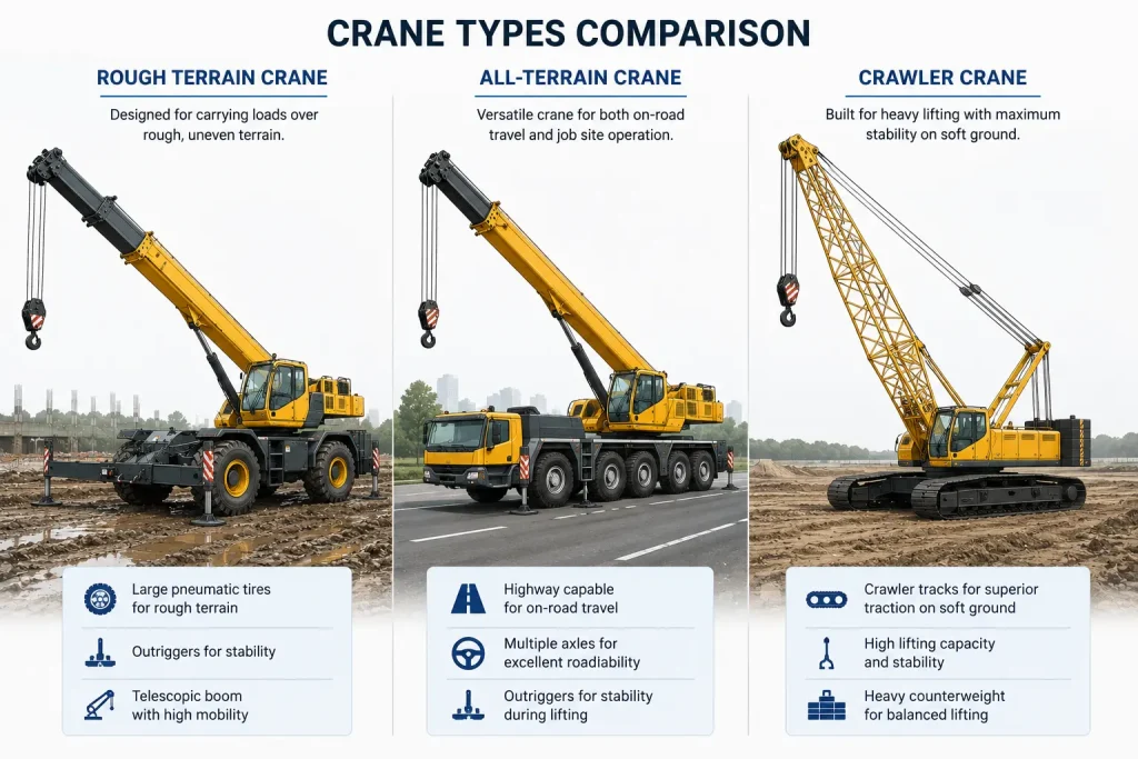 Rough terrain crane vs all-terrain crane vs crawler crane comparison infographic