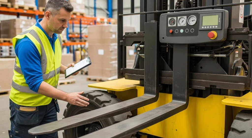 Worker performing daily forklift inspection checklist by checking forks and controls in warehouse.