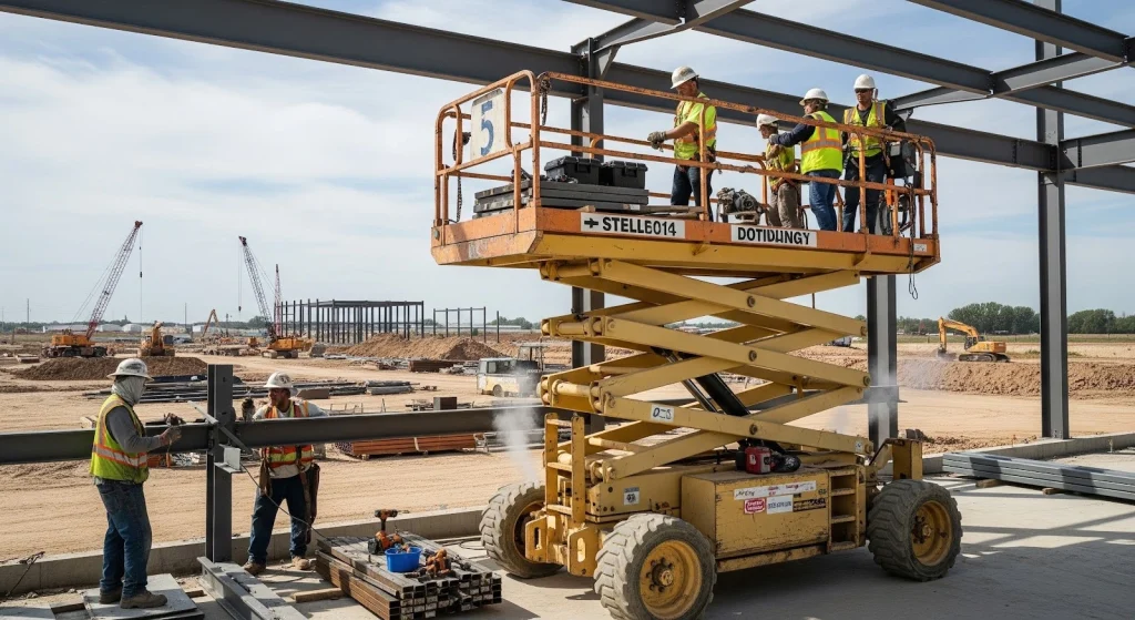 Diesel-powered scissor lift for heavy-duty steel structure installation outdoors.