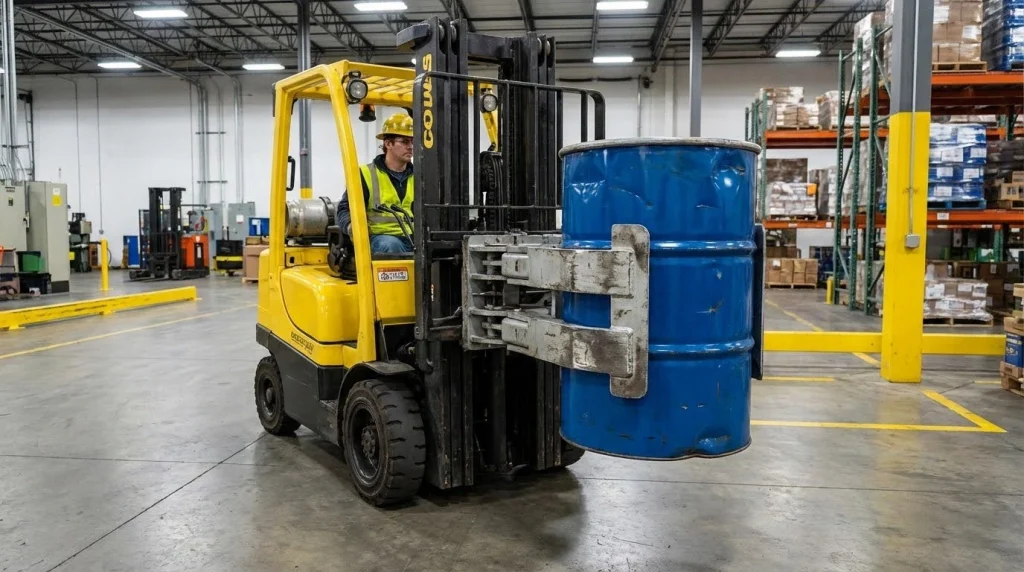 Forklift drum handler attachment lifting industrial drum safely in warehouse operation.