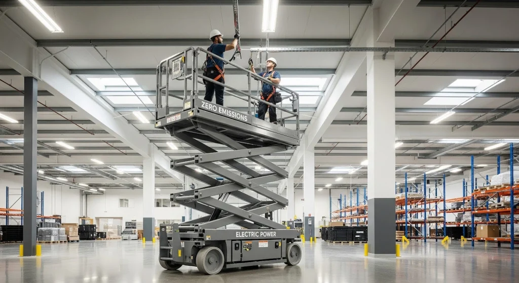 Electric scissor lift for indoor warehouse maintenance and industrial ceiling work.