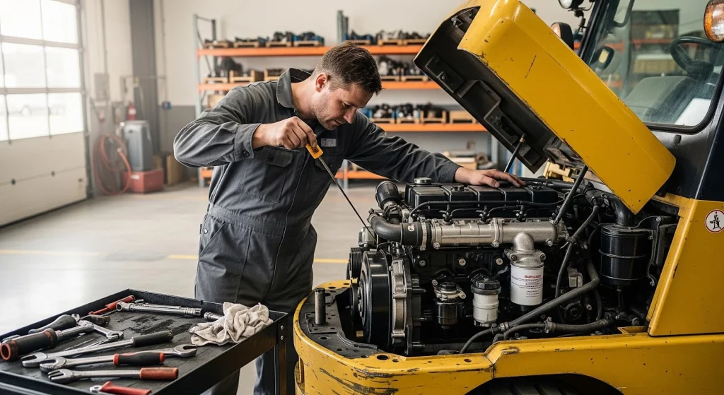 Mechanic performing engine maintenance on internal combustion forklift to improve performance.